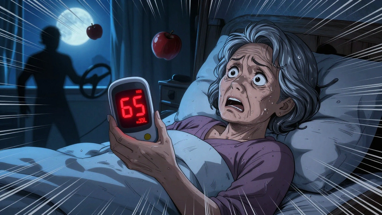 An elderly woman waking up in panic as her blood sugar drops, with shadowy symbols of falling and driving nearby.