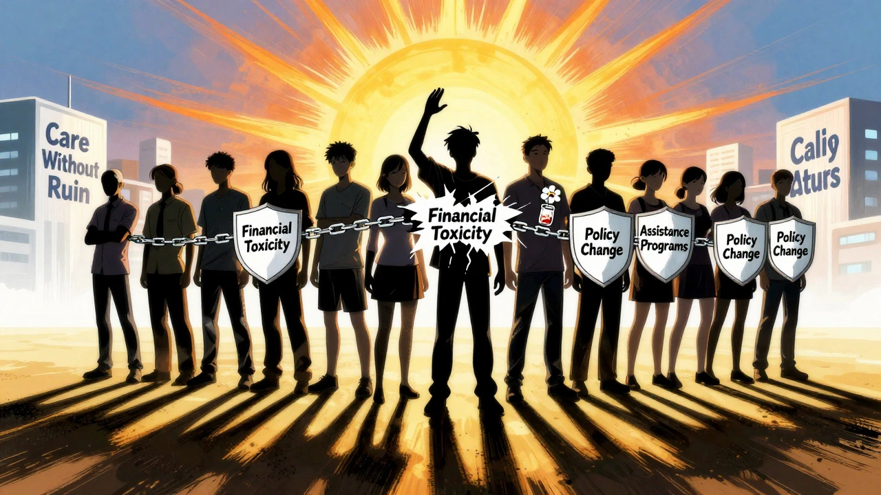 Cancer survivors breaking free from financial chains under a rising sun, symbolizing hope and systemic change in cancer care.