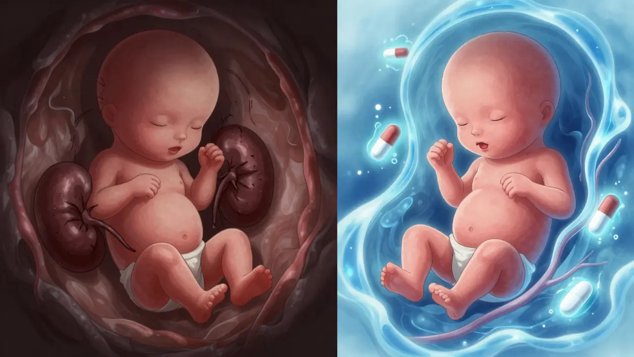 Comparison of a fetus harmed by ARBs versus a healthy fetus protected by safe pregnancy medications.