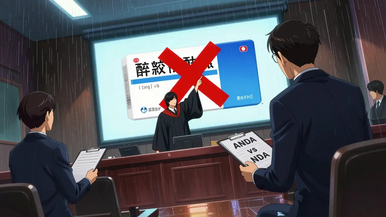 Courtroom scene with a misleading generic drug ad being stamped with a giant red X.