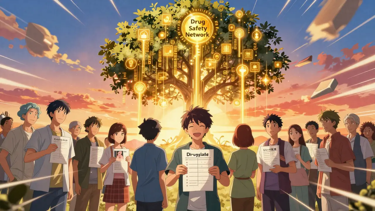 Diverse patients holding symptom records as golden data flows into a safety network tree.