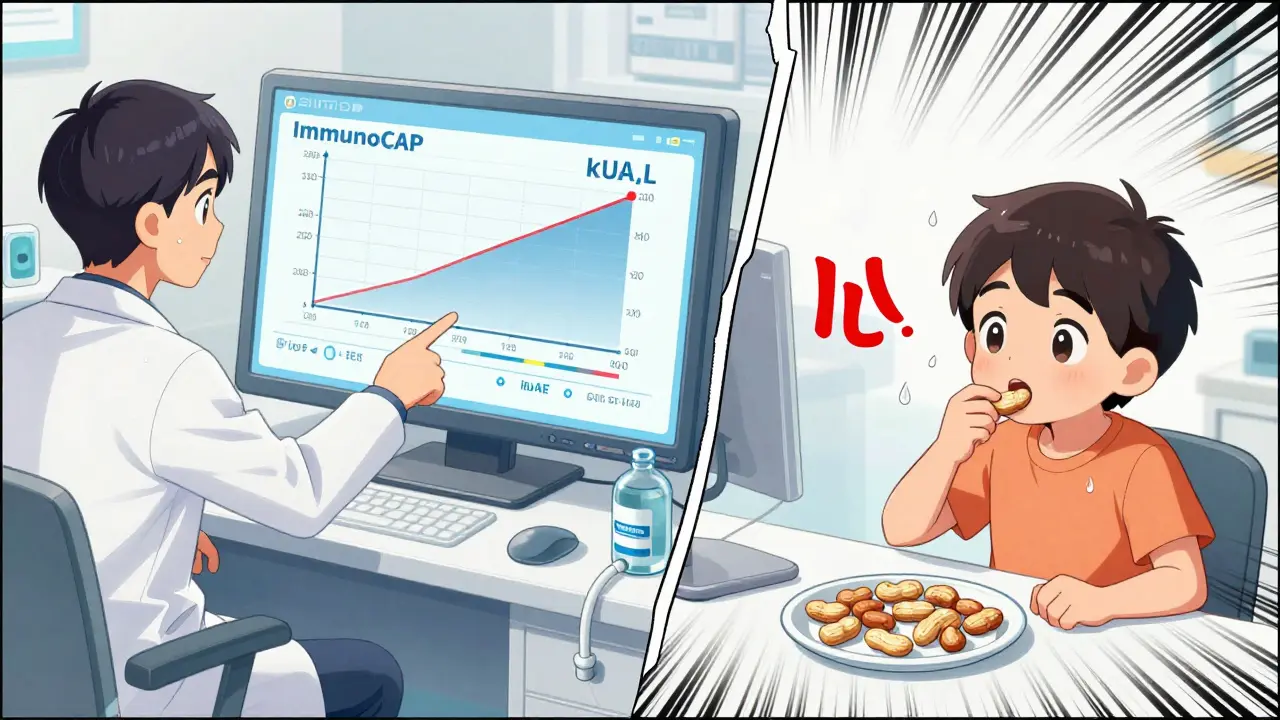 Doctor showing IgE test results on screen while child eats peanuts during medical food challenge.