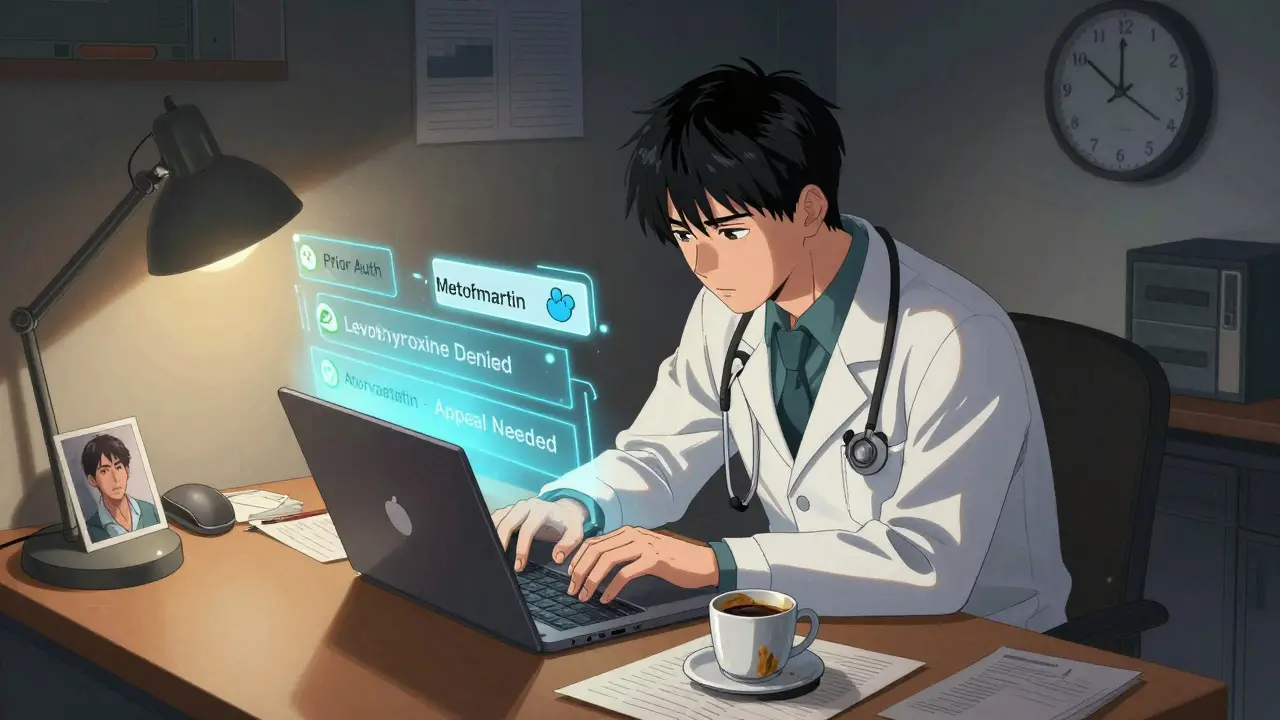 Doctor working late at night surrounded by prior authorization forms for generic medications.