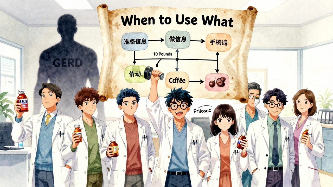 Group in doctor’s office holding heartburn meds, with a floating flowchart and lifestyle changes like weight loss and avoiding coffee.