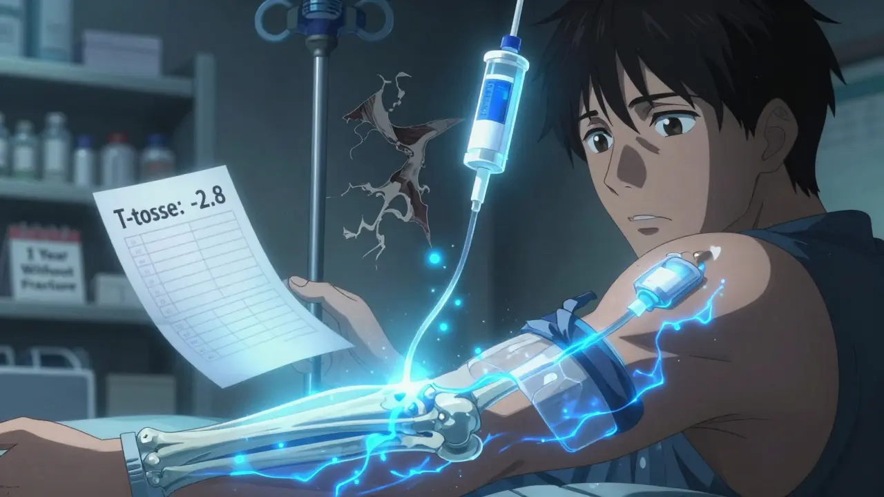 Hand receiving IV treatment as bones visibly rebuild with radiant energy.