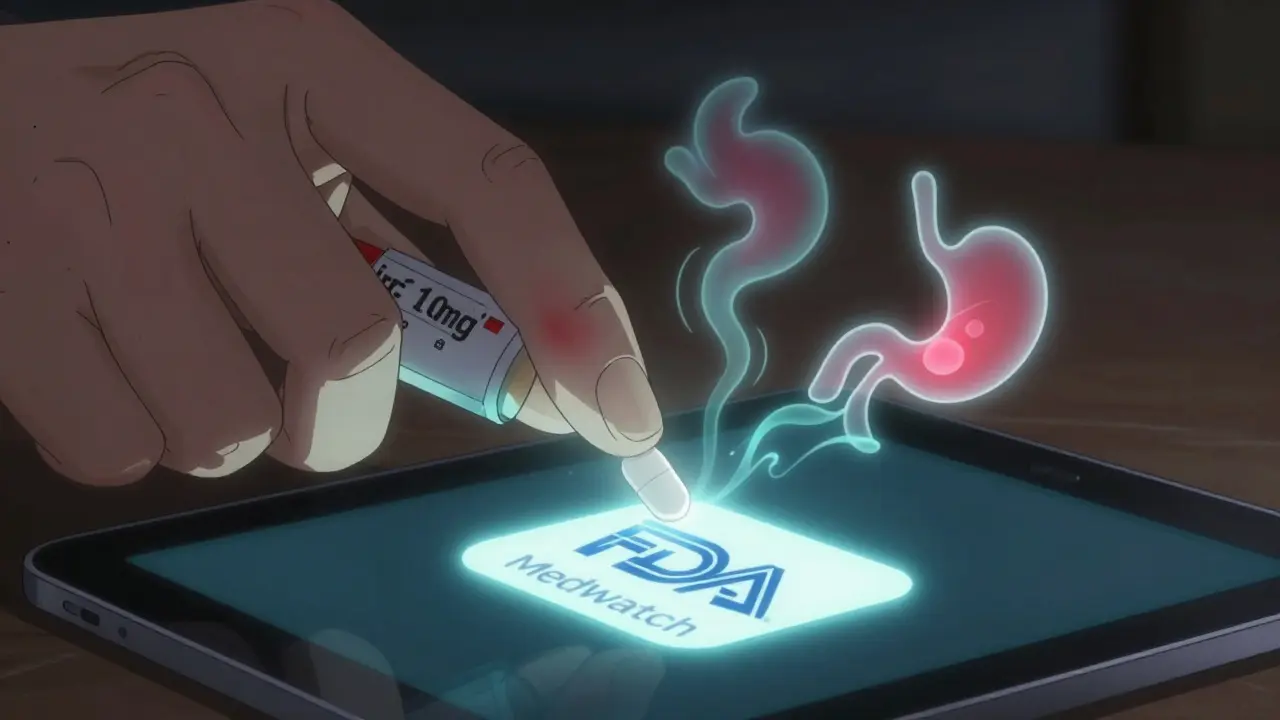 Hand taking pill with ghostly side effect symbols rising toward a MedWatch app.