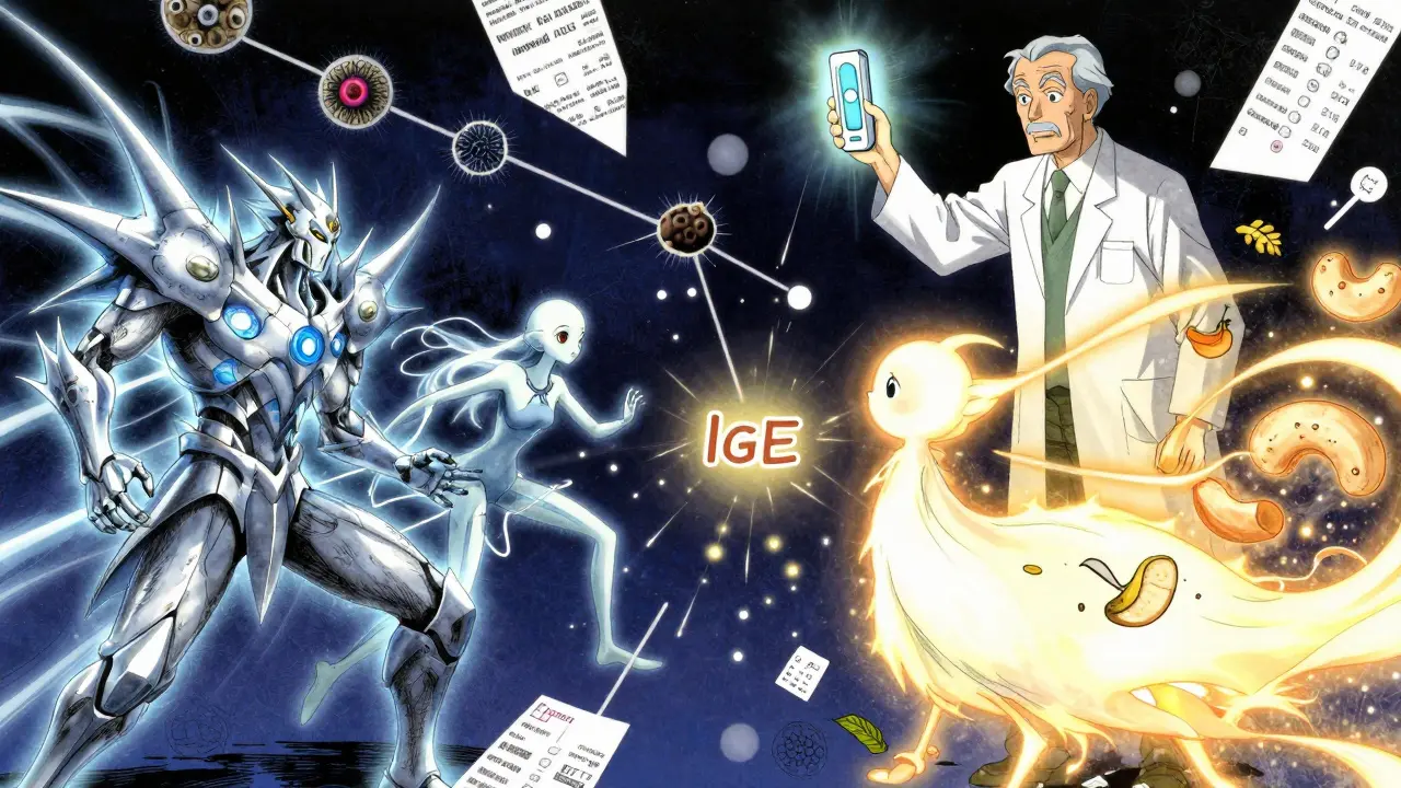 IgE warriors battling allergen spirits as allergist holds diagnostic chip, symbolizing precise allergy testing.