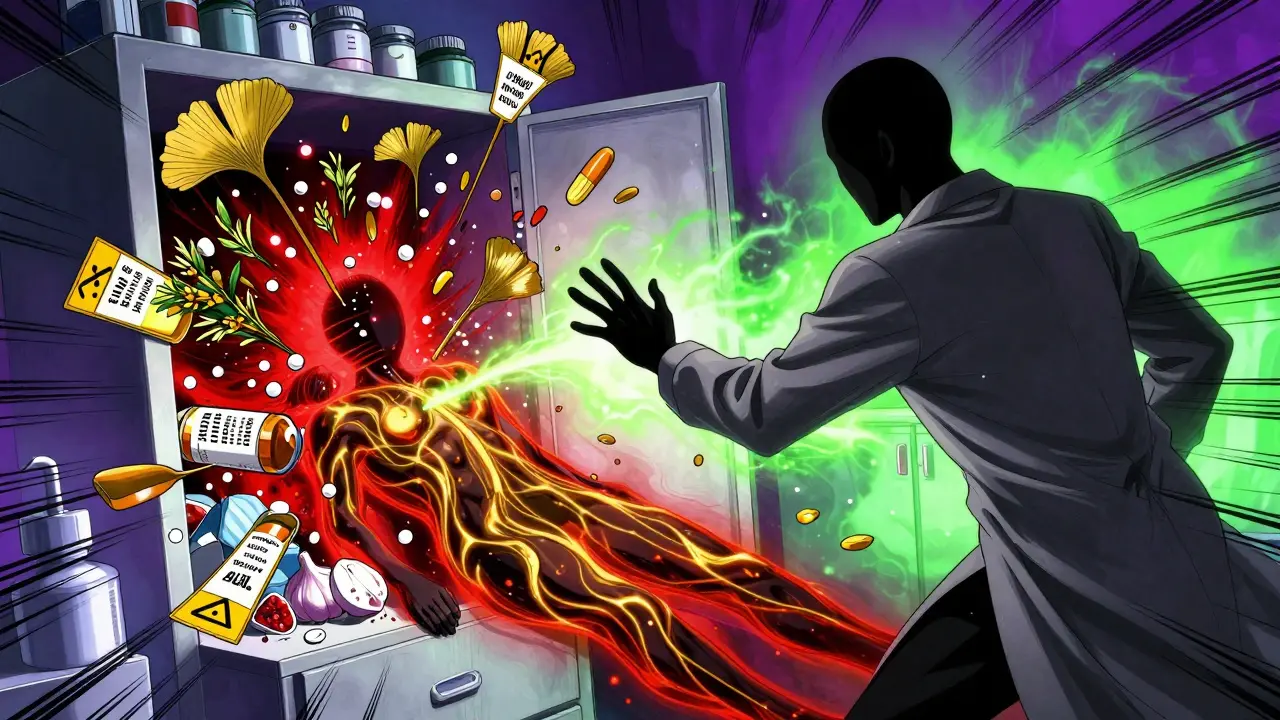 Medicine cabinet exploding with herbal supplements clashing with prescription meds in energy storm.