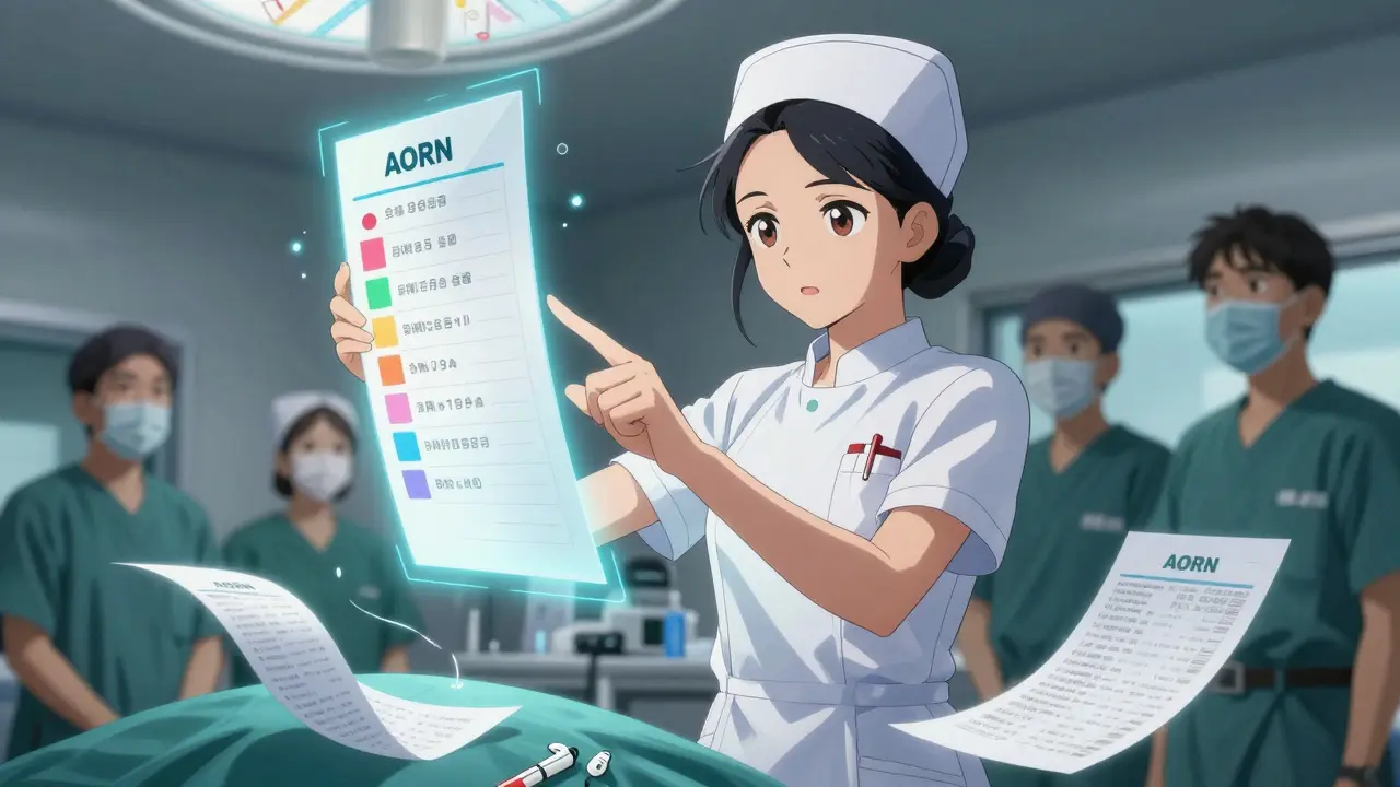 Nurse in OR using color-coded labels and glowing safety guidelines during procedure.