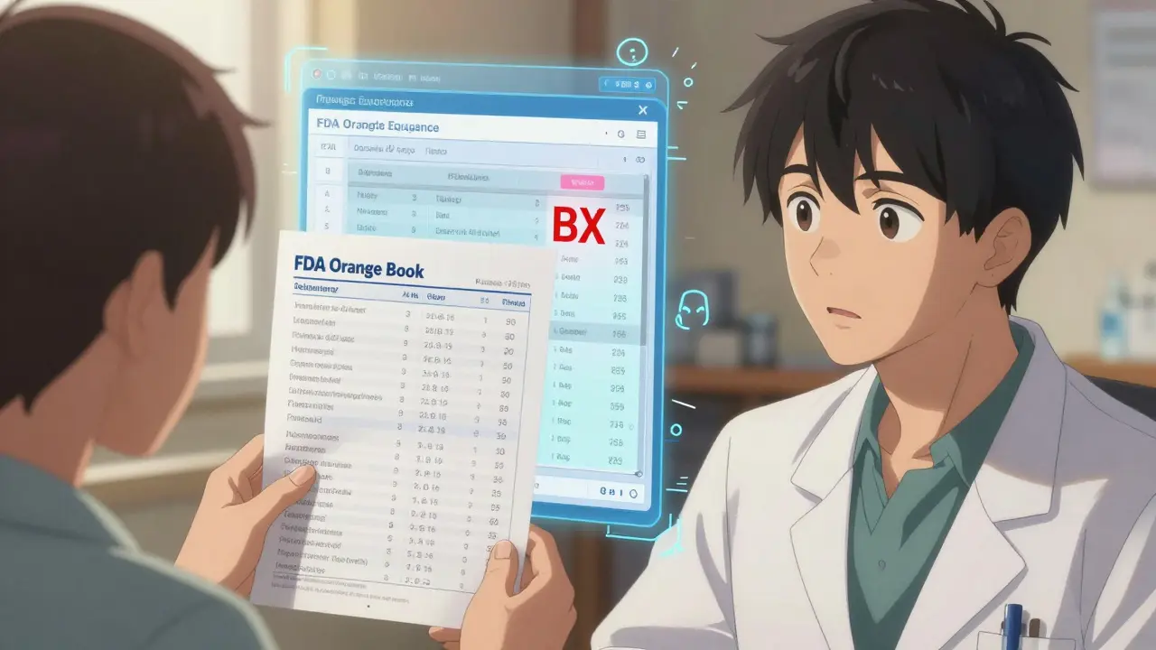 Patient and doctor discussing generic medication with floating FDA Orange Book data overlay.