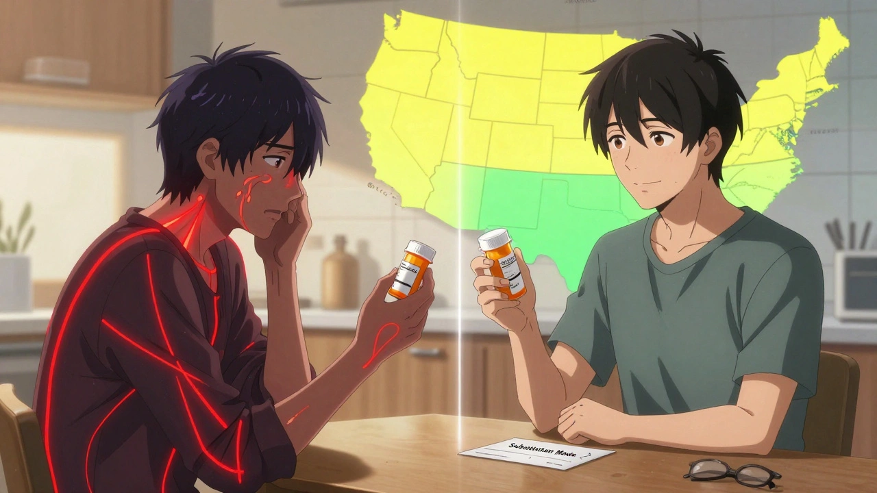 Patient at kitchen table, split-screen showing seizure risk vs. safe substitution with notification slip.