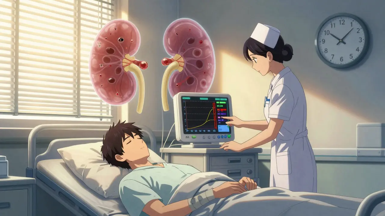 Patient in hospital room at 1:30 p.m. with glowing kidney cells showing reduced toxicity during safe dosing time.
