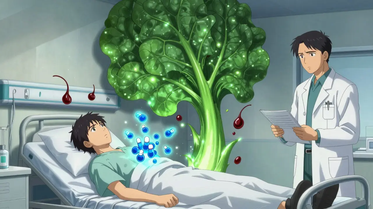 Patient on hospital bed with warfarin and giant spinach leaf causing blood clots, pharmacist watching.