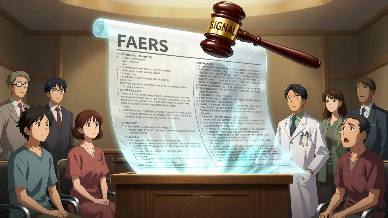 Patients and doctors facing a ghostly FAERS report in symbolic courtroom