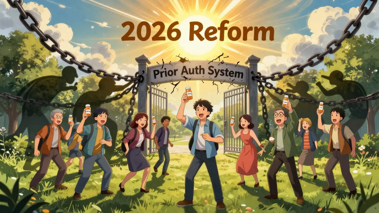 Patients in park with pill bottles, shadows chained to a crumbling prior authorization gate.