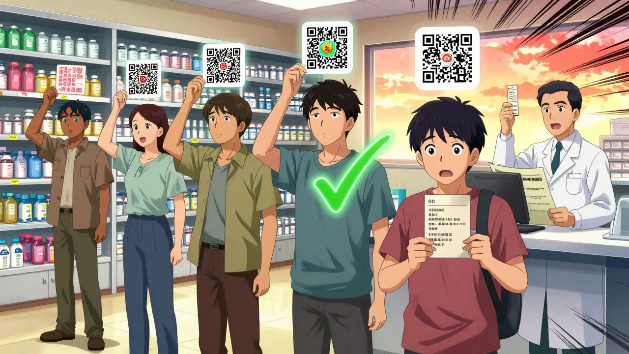 Patients scanning prescription QR codes that display video instructions in a vibrant pharmacy setting.