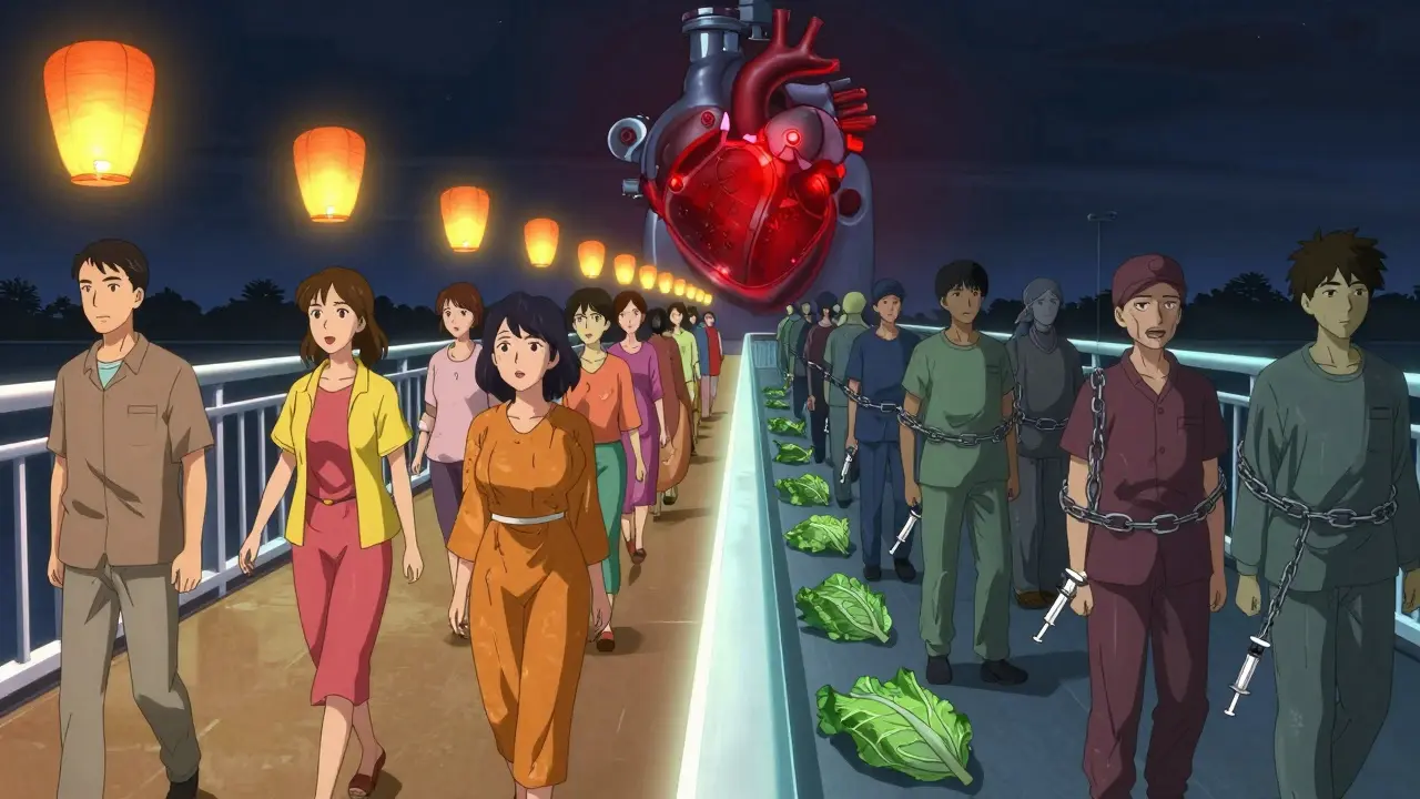 Patients walk on a symbolic bridge — some free with pills as lanterns, others trapped by tests and dietary chains, with a mechanical heart valve glowing red.