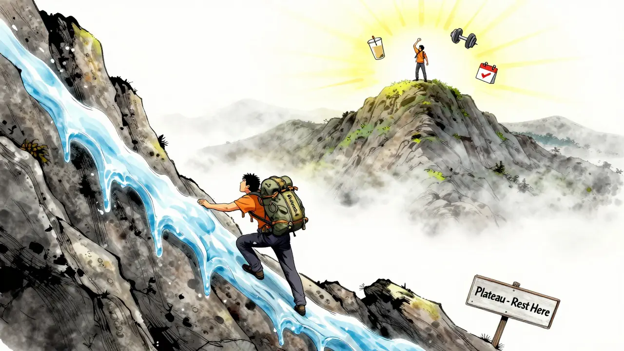 Person climbing a hill labeled 'Metabolism', passing ice, foggy plateau, and reaching sunlight with health icons.