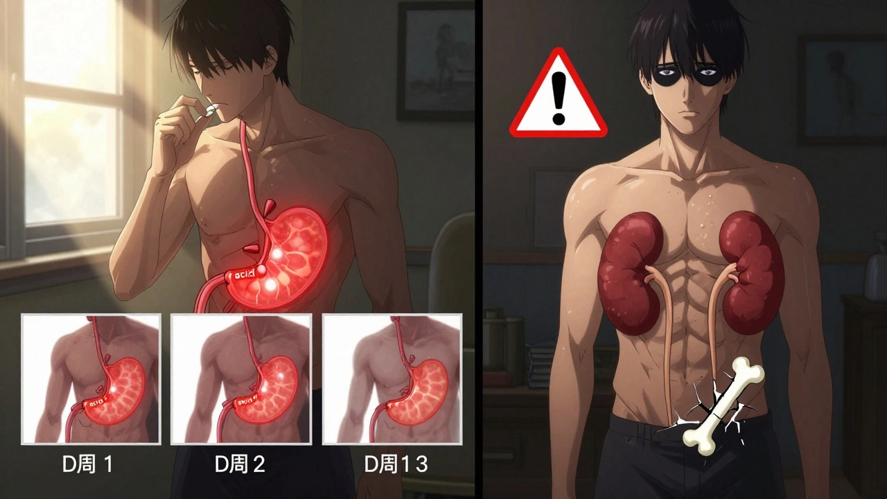 Person taking PPI before breakfast, with stomach acid pump shutting down over days, later showing kidney and bone warning symbols.