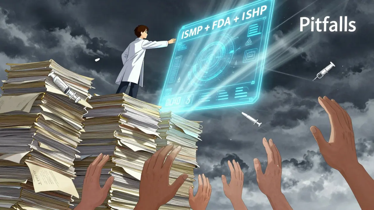 Pharmacist climbing outdated documents toward a light portal labeled with safety sources.
