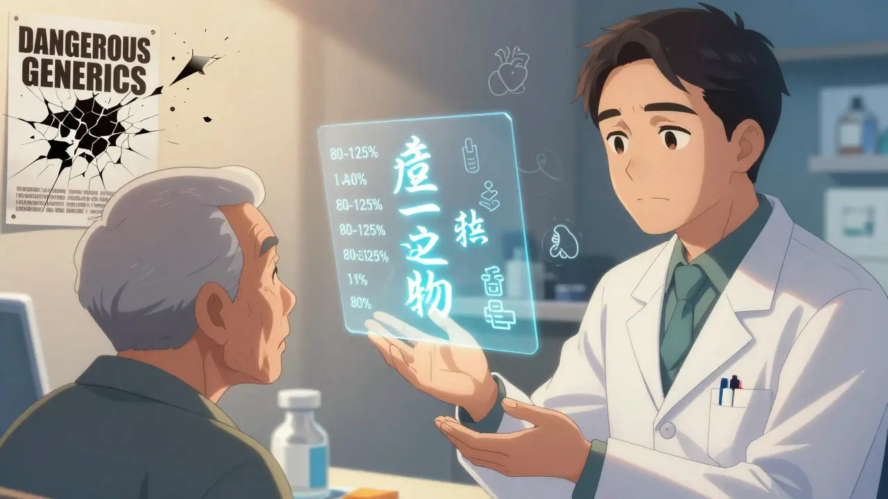 Pharmacist explaining bioequivalence to patient with glowing data overlay in background.