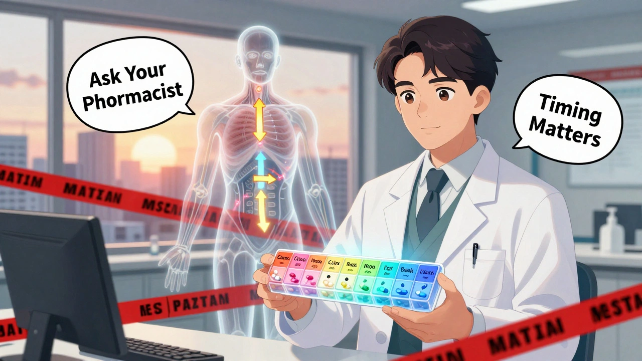 Pharmacist holding time-sorted pill organizer with transparent body showing correct and blocked drug absorption paths.