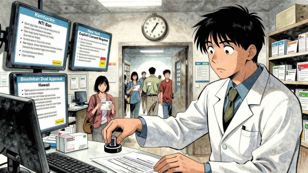 Pharmacist overwhelmed by floating state law screens, patients from different states entering through portals.