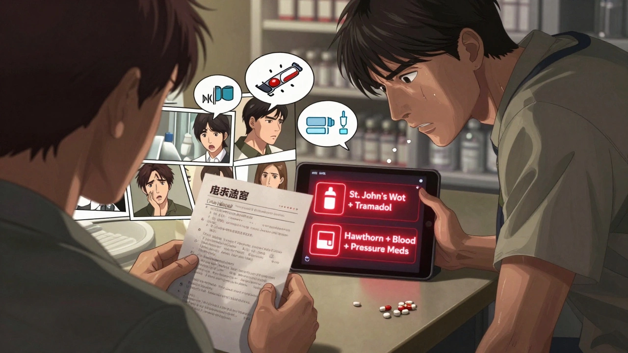 Pharmacist reviewing drug interactions on a tablet while patient holds a list of supplements.