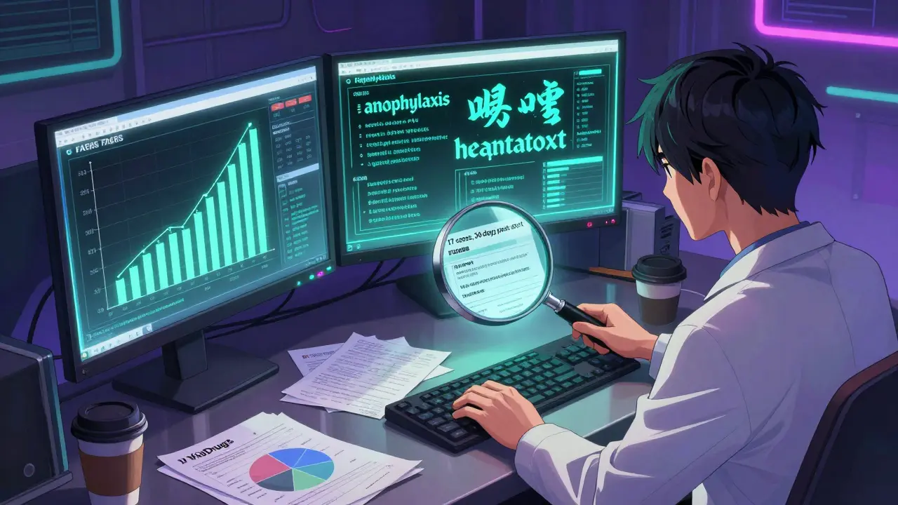 Researcher analyzing FAERS data on multiple glowing screens with MedDRA terms