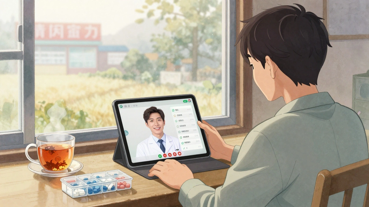 Rural patient video-calling a pharmacist for medication guidance at home at dawn.