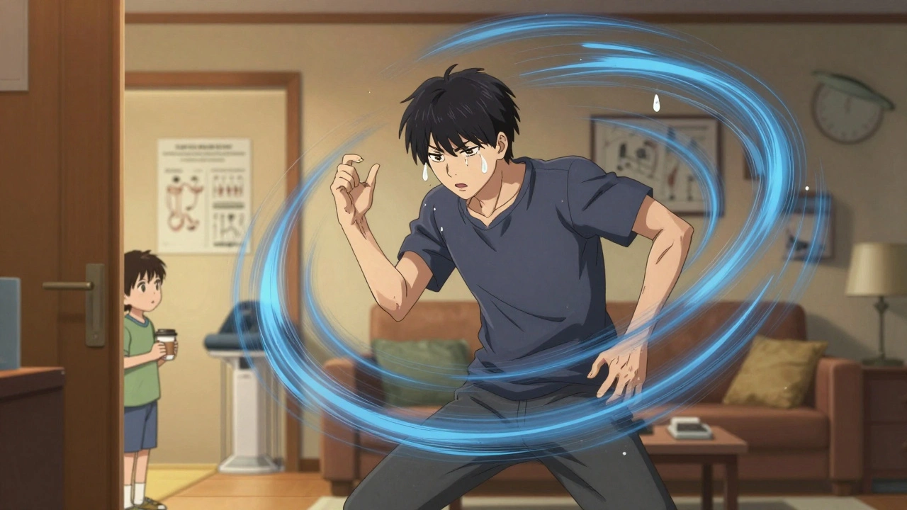 Someone with involuntary movements surrounded by chaotic lines, while a child watches quietly from the doorway.