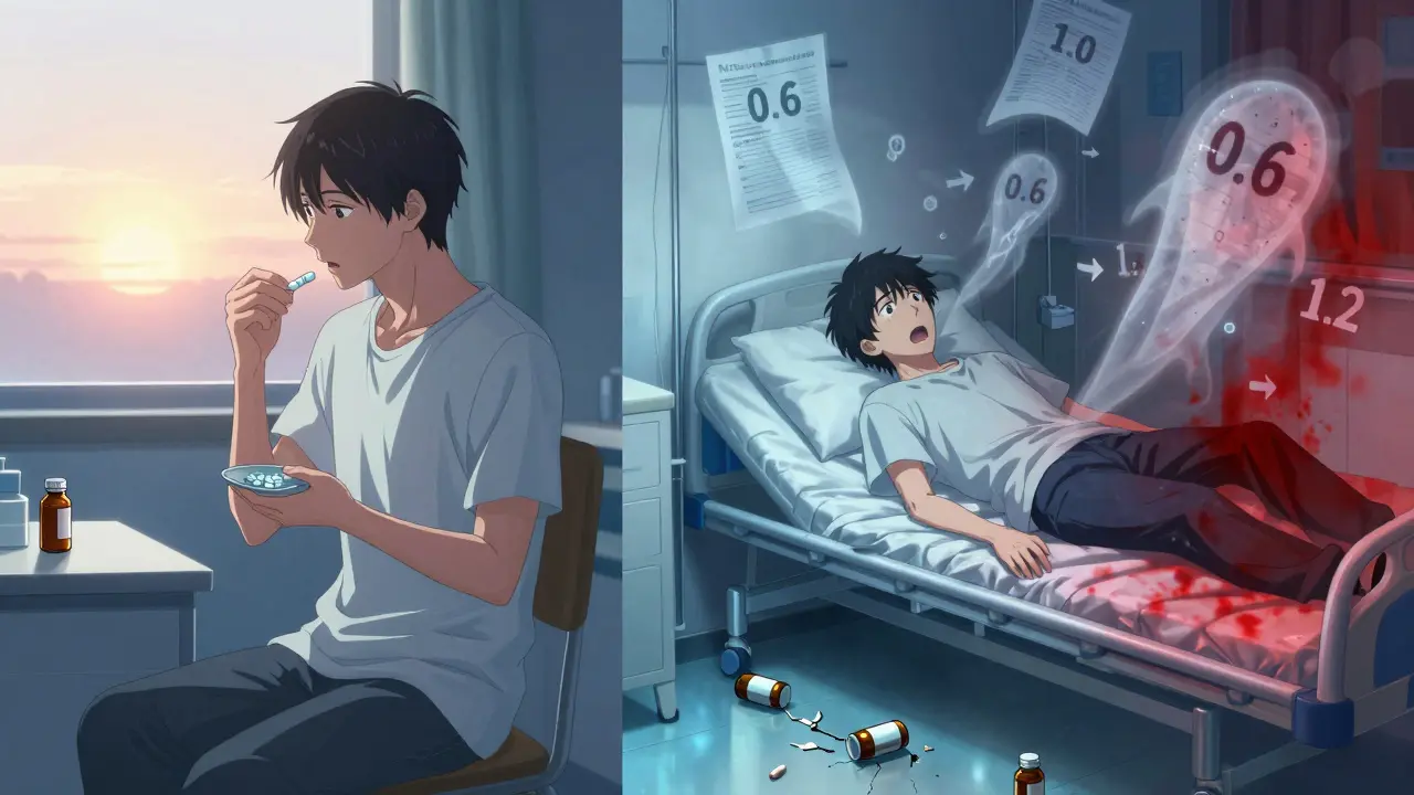 Split scene: a patient calmly taking lithium transforms into a convulsing figure as toxic blood levels rise in ghostly numbers.