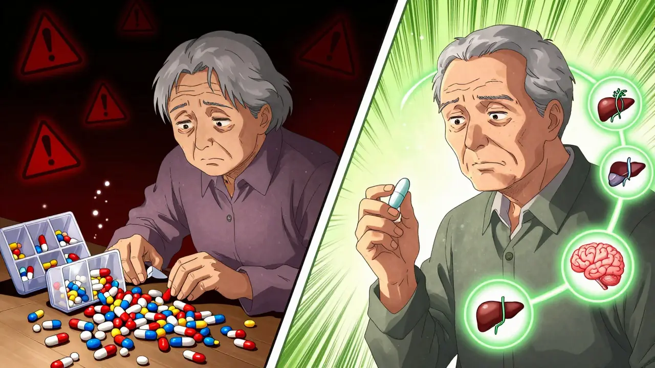 Split scene: chaotic pile of pills vs. single pill with health symbols, showing contrast in treatment simplicity.