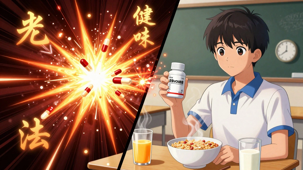 Teenager with iron pills and antibiotics beside cereal and milk, split between conflict and correct timing.