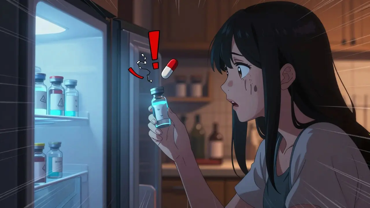Woman shocked to find insulin needs refrigeration, tiny label on bottle glowing with warning symbols.