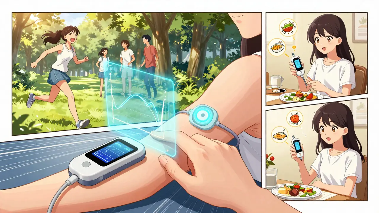 Woman with insulin pump and CGM, holographic glucose graph visible, balancing active life with diabetes management.