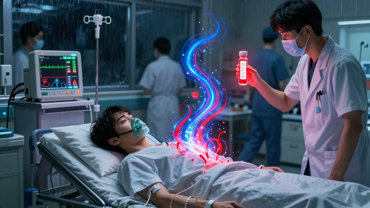 Young adult in hospital ER with ketone warning on monitor, medical staff attending during diabetic emergency.