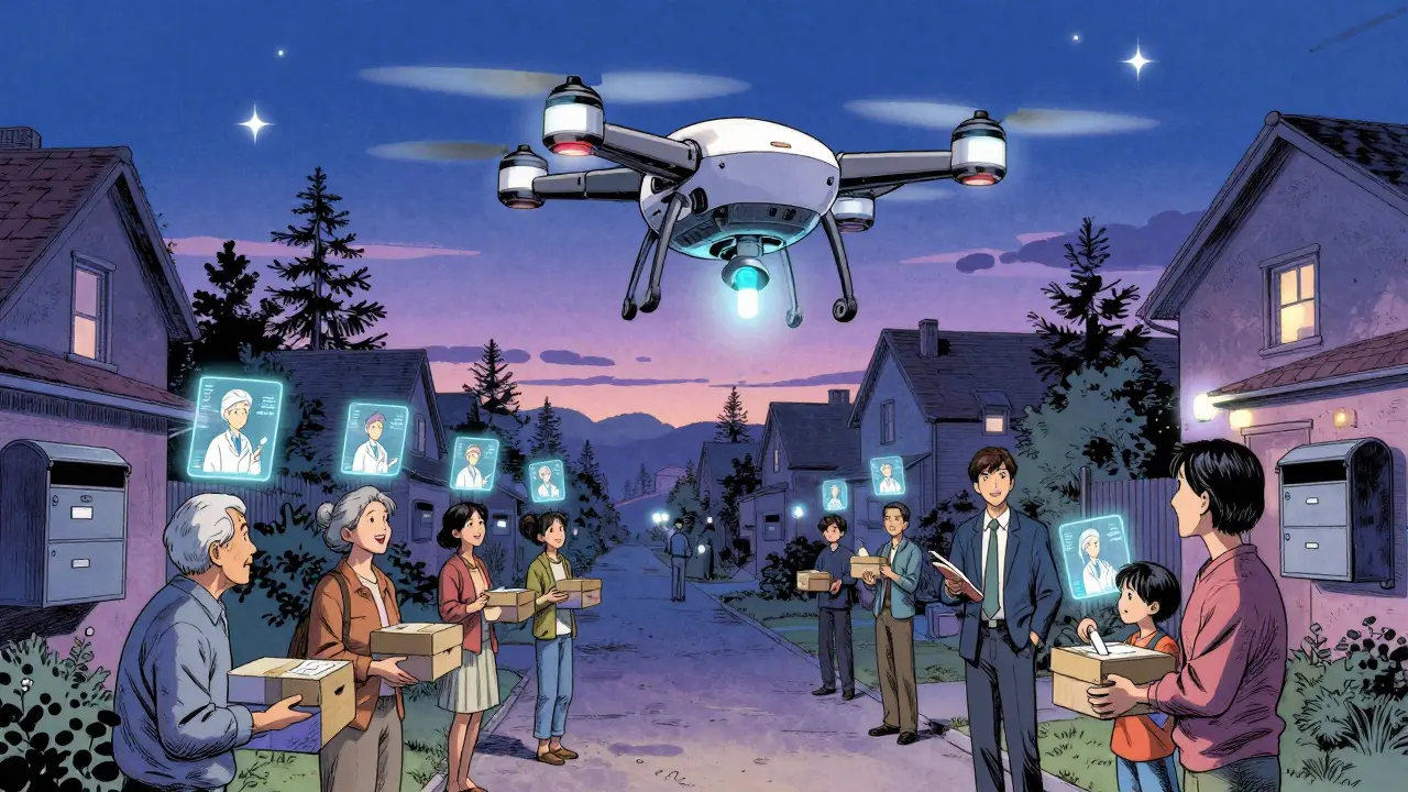 A delivery drone drops pills into mailboxes as holographic pharmacists offer virtual help, under a twilight sky with soft neon lights.