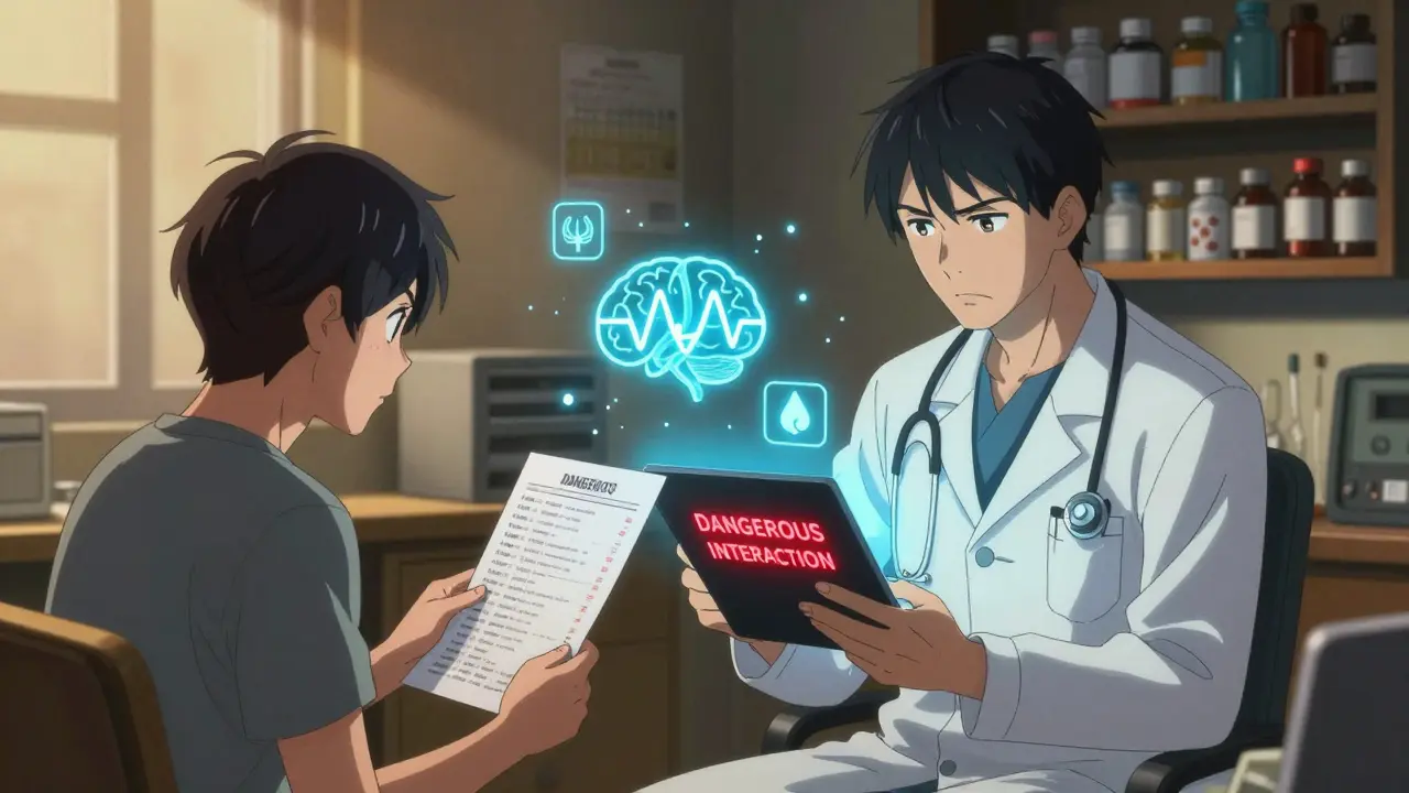 A doctor and patient reviewing medication lists with a glowing danger alert, highlighting risky drug combinations.
