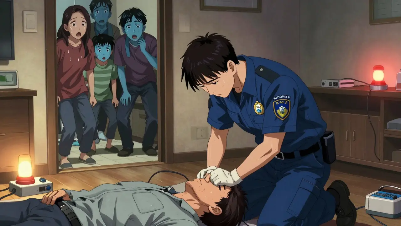 A paramedic gives rescue breathing to an overdosed patient while a family member watches in shock.