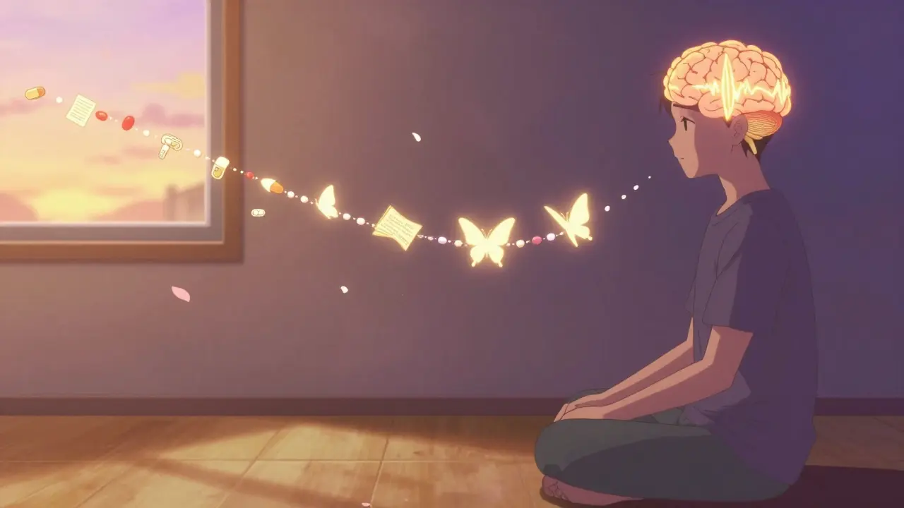 A person meditating as pills turn into butterflies carrying memories, symbolizing gradual cognitive recovery after tapering.