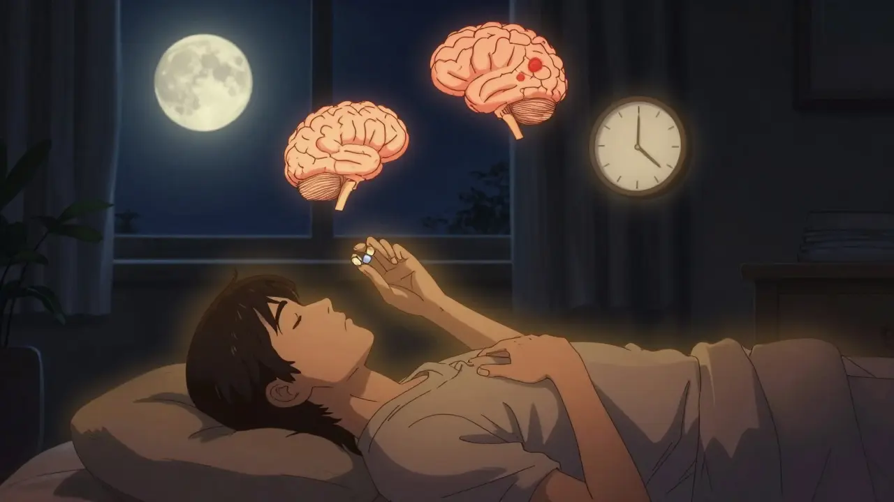 A person meditating peacefully at night with melatonin and natural sleep symbols glowing softly.