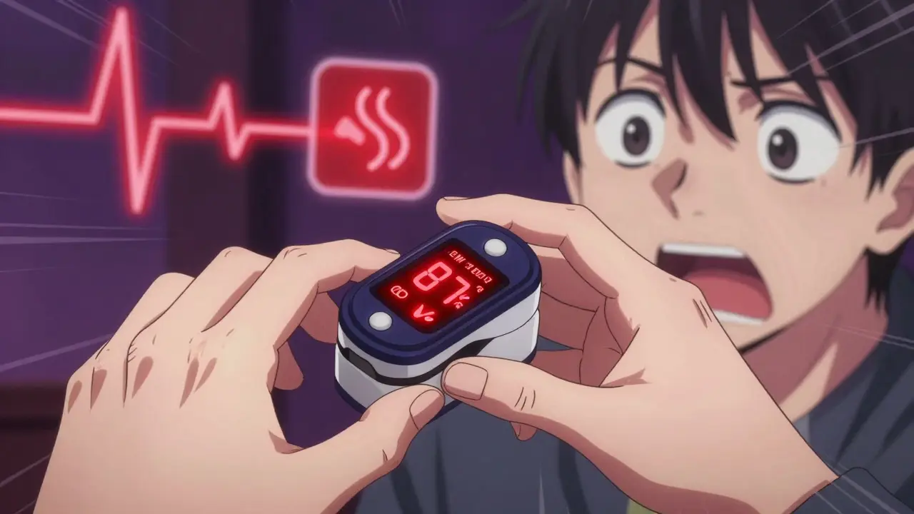 A pulse oximeter shows low oxygen level, hands trembling as medical symbols fade around them.