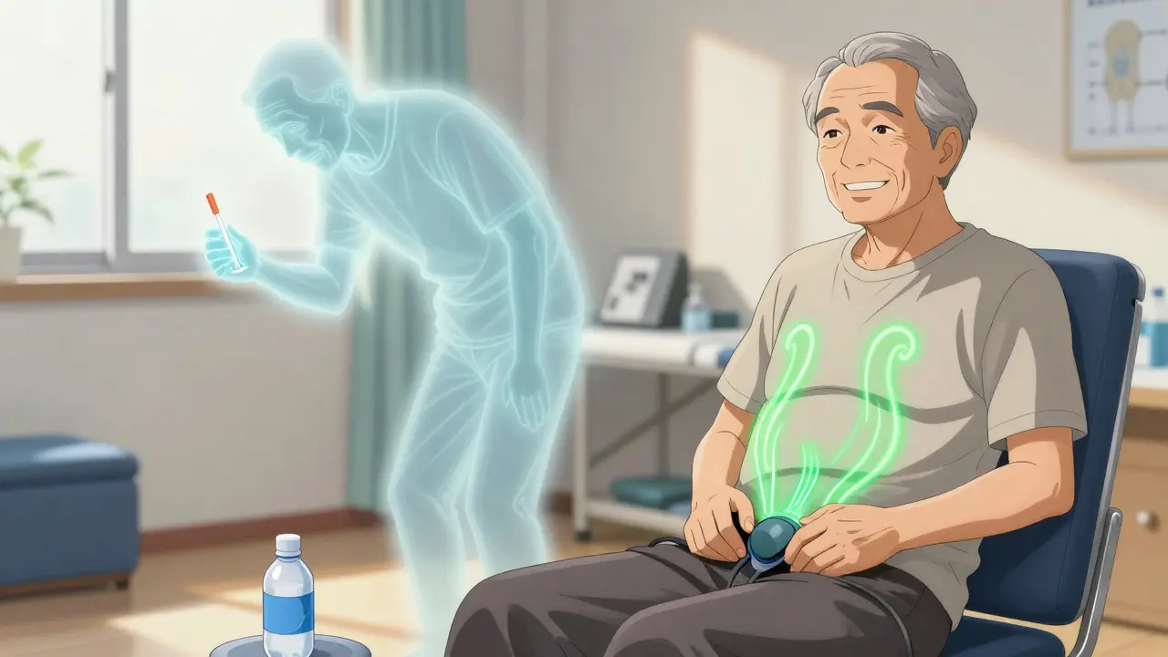 An elderly man undergoing biofeedback therapy with glowing energy waves showing muscle improvement.
