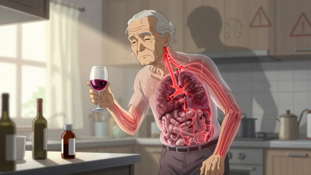 An elderly person holding wine and sleep meds, translucent body showing internal suppression, ghostly figure looming behind.