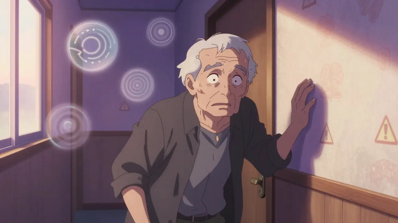 An elderly person stumbling in a hallway, with visual symbols of cognitive impairment floating nearby.
