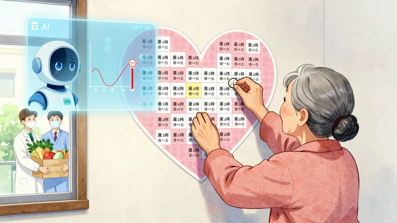 An elderly woman adds a sticker to a heart-shaped chart as AI and community support appear in the background.