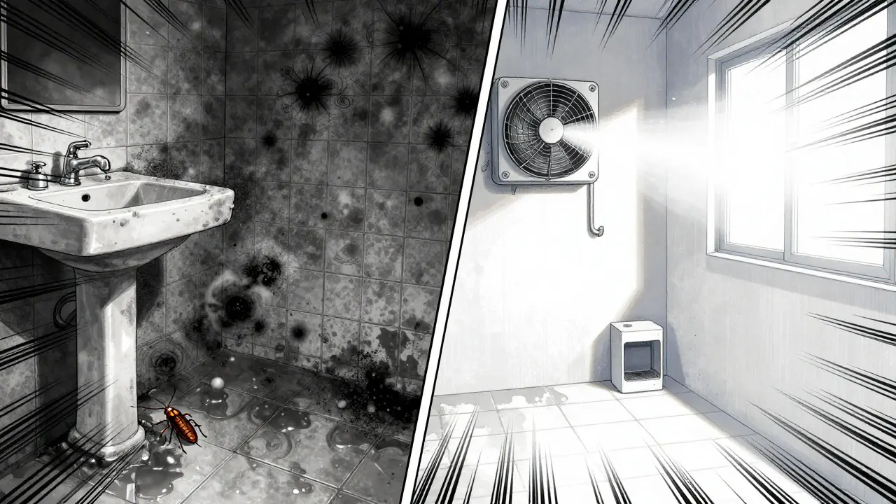 Before-and-after split panel: mold and cockroaches vs. a clean, dry bathroom with ventilation and pest control.