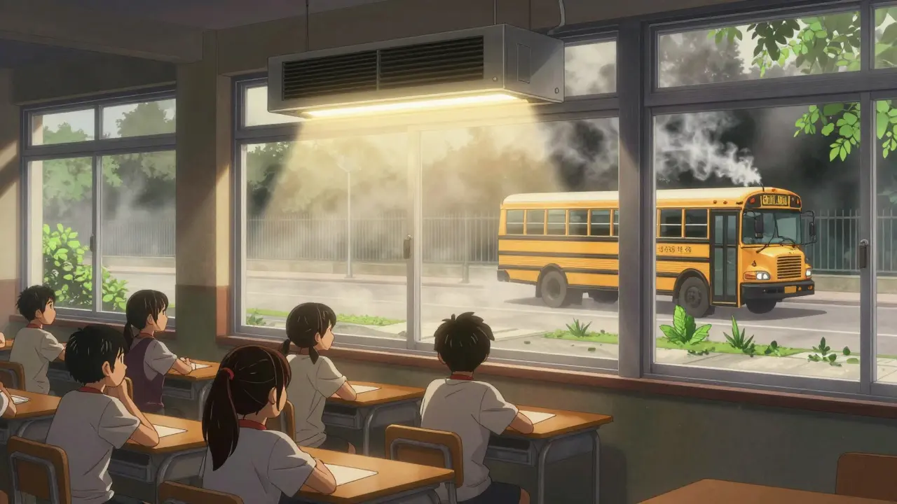 Children in a classroom with HEPA filter above, school bus parked far away, smog fading beyond the windows.