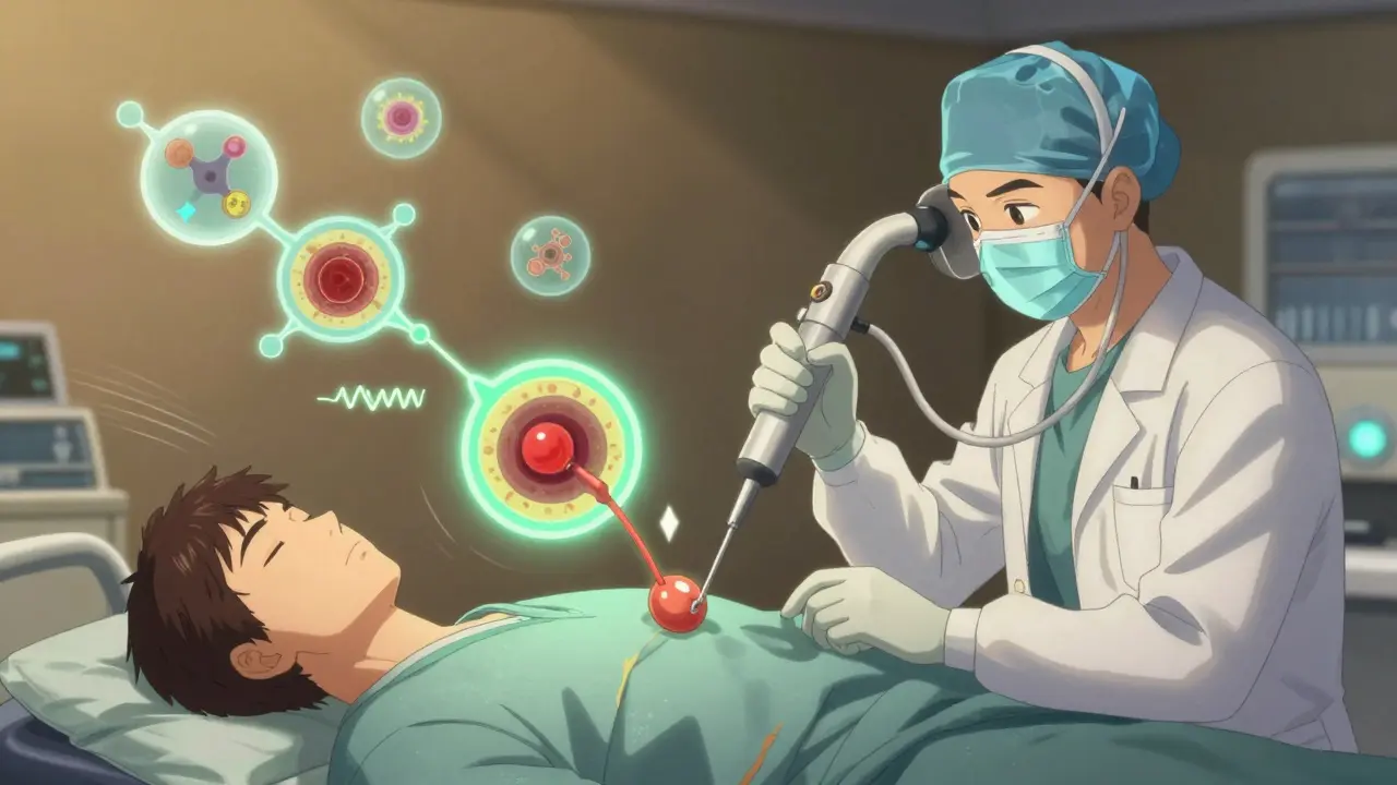 Colonoscopy with AI-enhanced detection highlighting a hidden serrated polyp in the cecum.